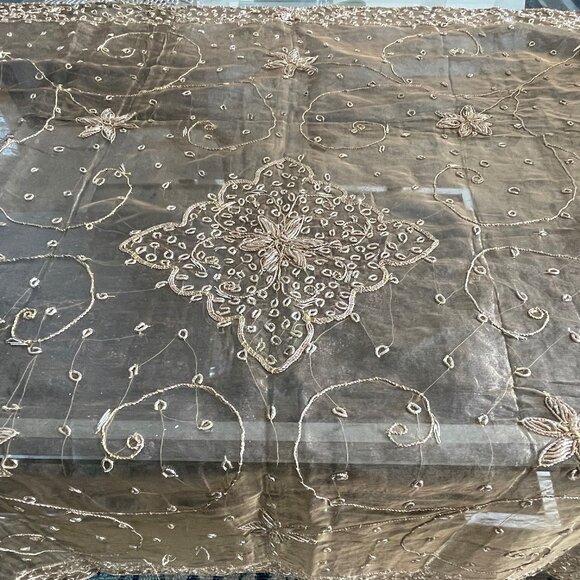 Gold Festive Tablecloth Sheer Woven Metal Square - Picture 3 of 5